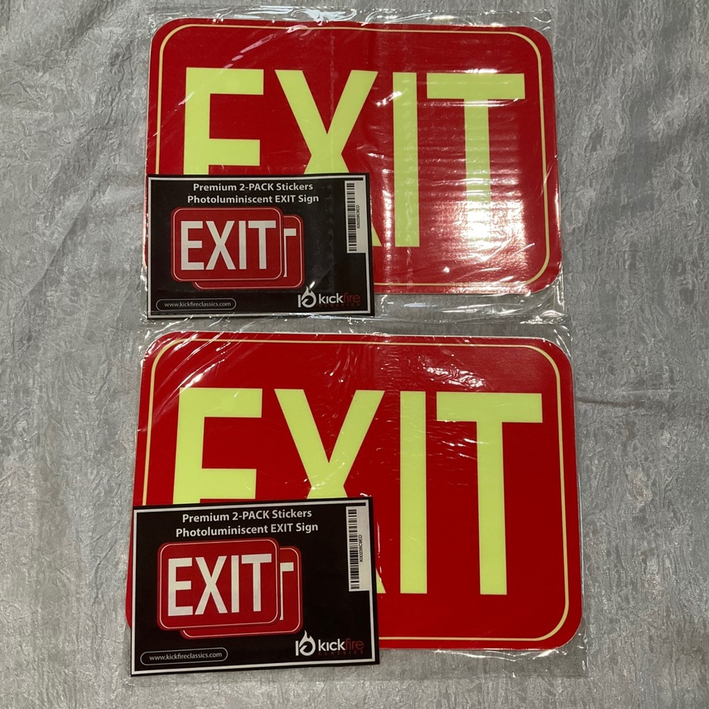 Kickfire Photoluminescent EXIT Sign Stickers Lot 2 Packs 4 Signs GlowDark Safety